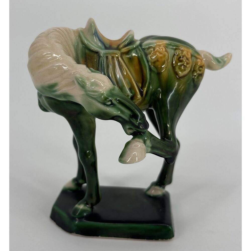 EYC Vintage Tang Dynasty Style Sancai War Horse Glazed Ceramic Figurine Green